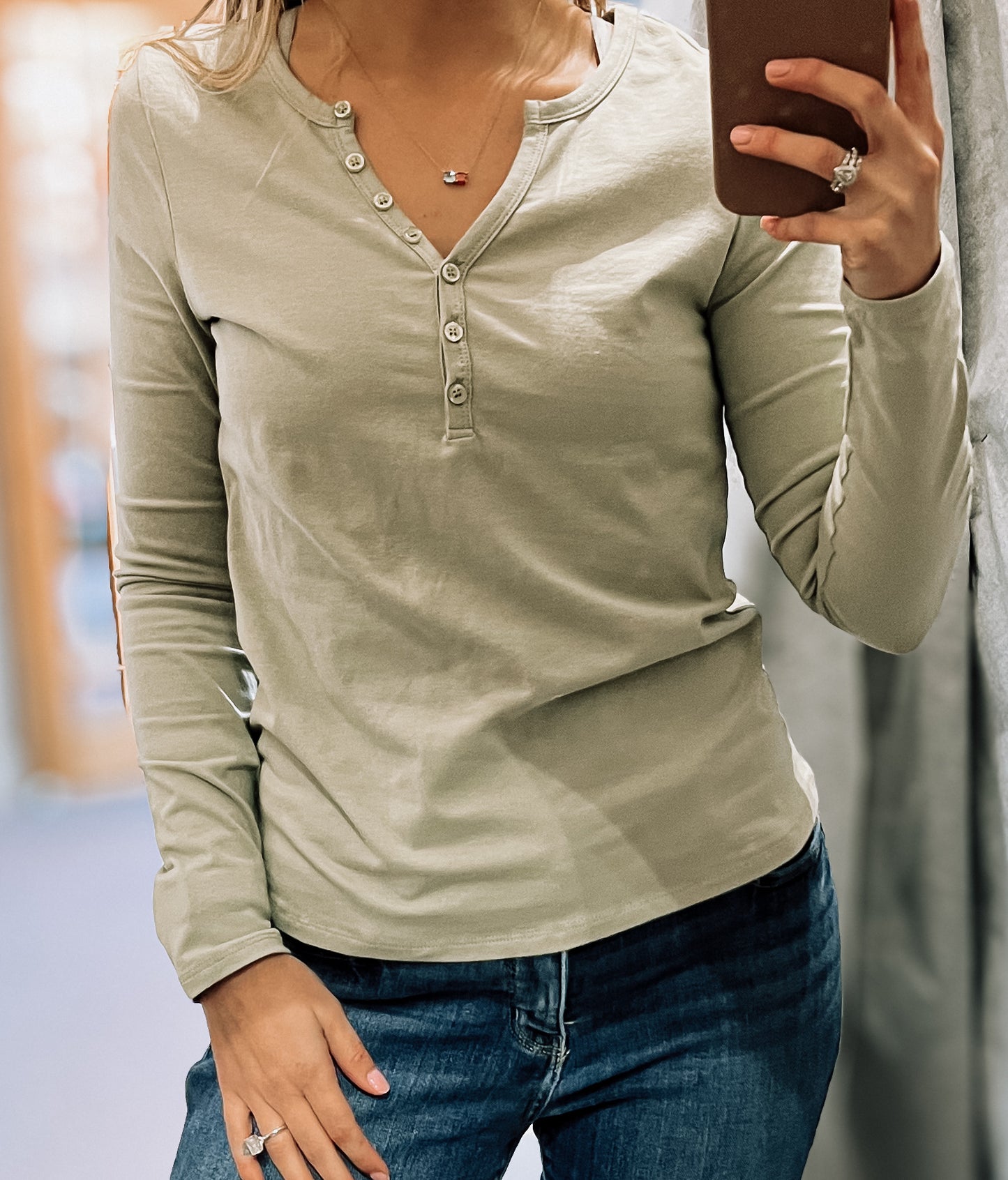 long sleeve buttons v neck