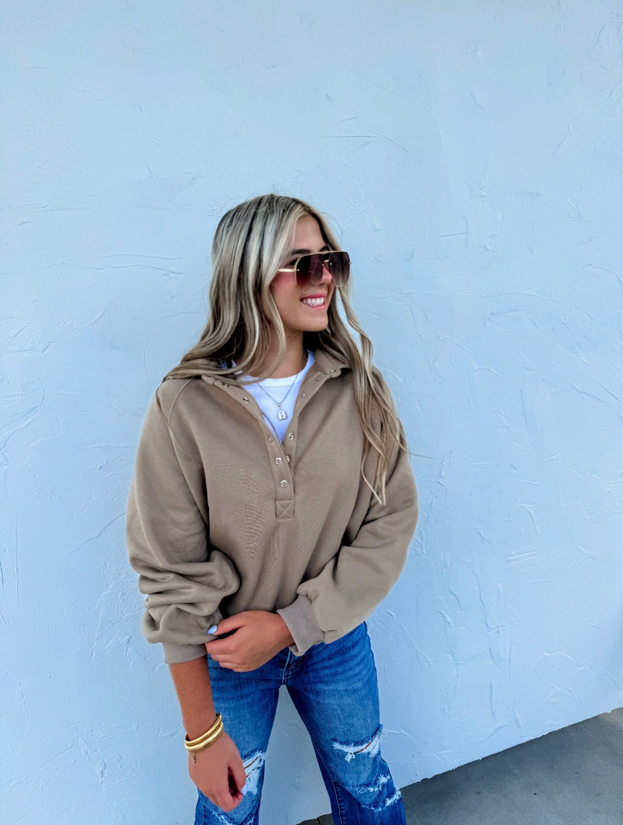 laid back snap button pullover
