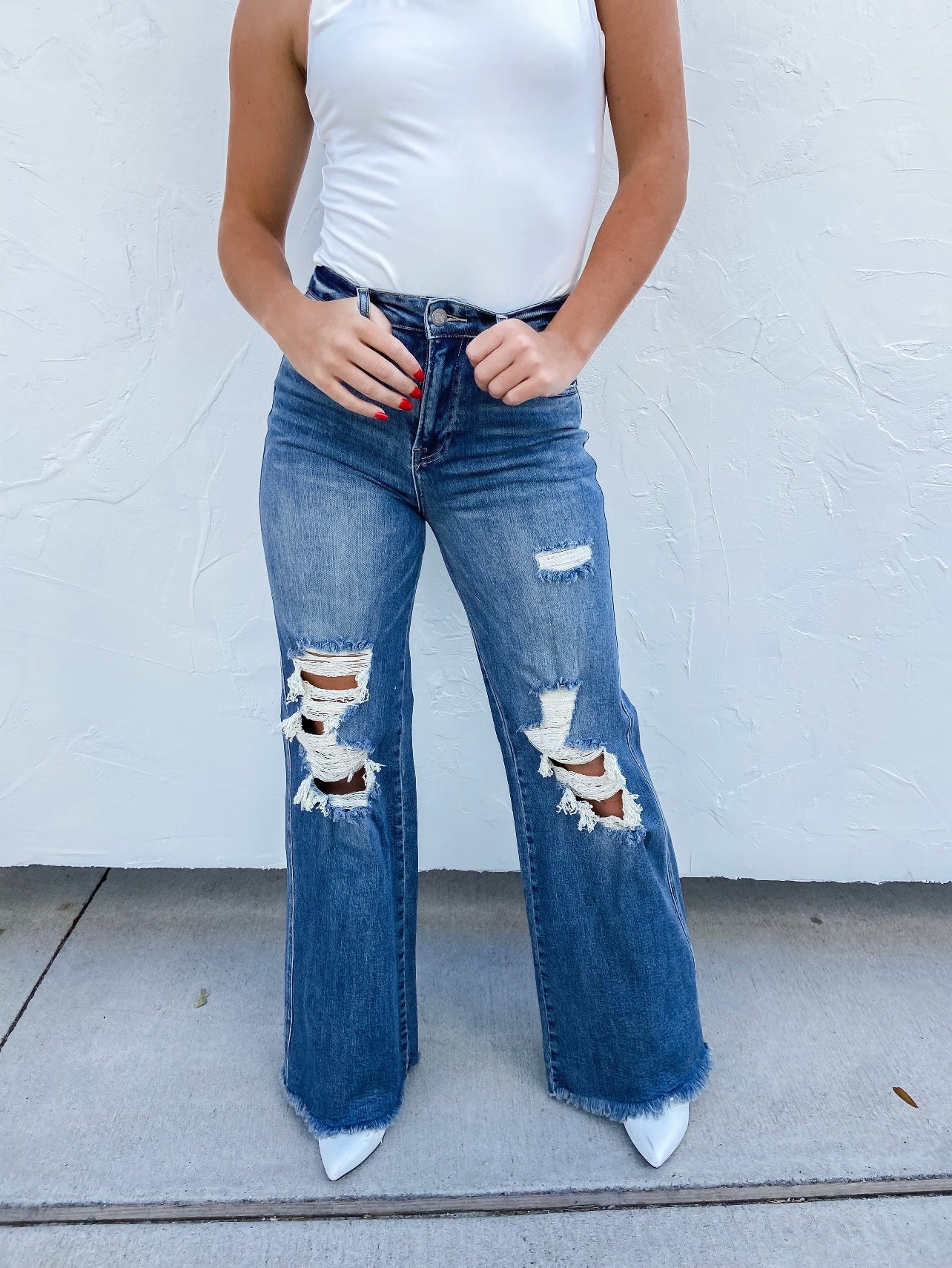 medium wash distressed jeans