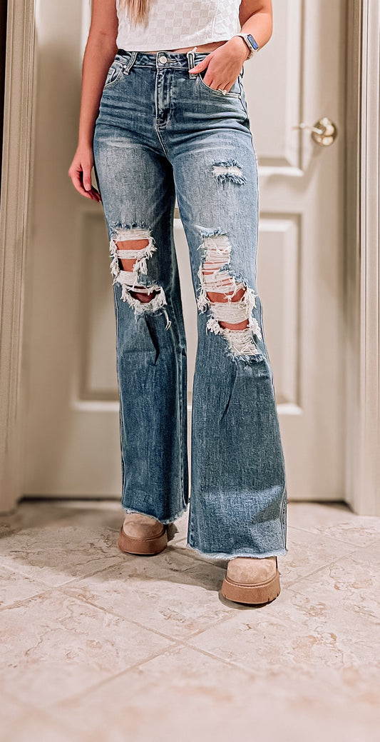 medium wash distressed jeans